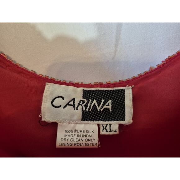 Vintage Carina Red 100% Pure Silk Sequin Dress XL Fringe Flapper Party Evening - Picture 5 of 7